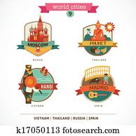 World Cities labels - Moscow, Phuket, Madrid, Hanoi