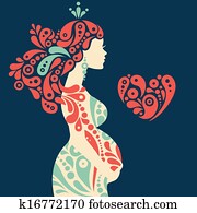 אישה בהריון, צללית, עם, תקציר, קישוטי, פרחים, ו, לב, סמל