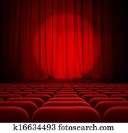 קולנוע, וילונות אדומים, עם, הדגש, ו, מושבים