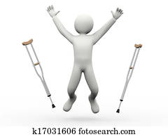 3d happy man jumping throwing crutches