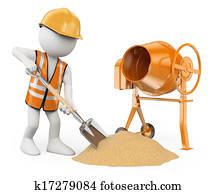 3d white people. Construction worker with a shovel and a concrete mixer making cement . Isolated white background. 3d white people. Construction worker with a shovel and a concrete mixer making cement . Isolated white background.