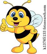 abelha, caricatura, polegar cima