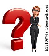 affärsverksamhet kvinna, med, ifrågasätta markerar