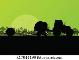 Agriculture tractor making hay bales in cultivated countryside fields landscape background illustration vector Agriculture tractor making hay bales in cultivated countryside fields landscape background illustration vector