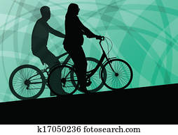 aktiv, ung familie, syklister, sykkel, passasjere, aktiv, sport, silhouettes, vektor, bakgrunn