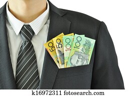 Autralian dollar banknotes in the suit pocket