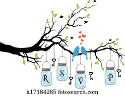 aves, en, árbol, con, tarros, vector
