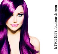 Beautiful Girl with Healthy Long Purple Hair and Blue Eyes