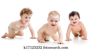 bebês, grupo, desgastar, diapers., crianças, é, rastejar, ligado, floor.