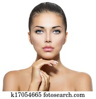 beleza, portrait., bonito, spa, mulher, tocar, dela, rosto