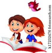 boldog, gyerekek, karikatúra, lovaglás, könyv