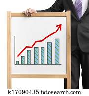 Businessman hold wooden white board with flourish market trend and histogram drawing in white background