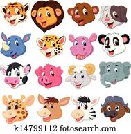 caricatura, cabeza animal, colección, conjunto