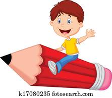 caricatura, niño, equitación, vuelo, lápiz