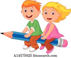 Cartoon boy and girl flying on a pe Cartoon boy and girl flying on a pe