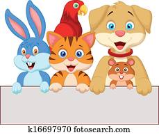 Cartoon pet animals holding blank p