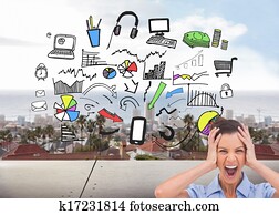 Composite image of stressed businesswoman with hand on her head