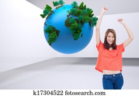 Composite image of teenage laughing while wearing casual clothes and raising her arms