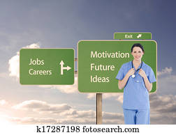 Composite image of young and confident medical intern wearing a blue short-sleeve uniform 