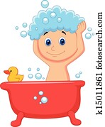 Clipart of Baby kid girl bathing in bath tub and washing hair k21283633