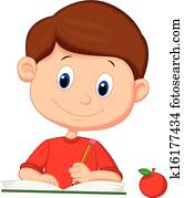 Cute cartoon boy writing on a book Cute cartoon boy writing on a book