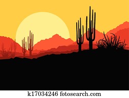 Desert wild nature landscape with cactus and palm tree plants illustration background vector Desert wild nature landscape with cactus and palm tree plants illustration background vector