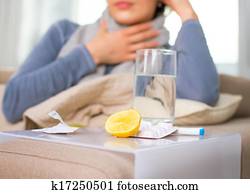 doente, Woman., Flu., mulher, apanhou uma constipação