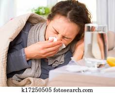 doente, Woman., Flu., mulher, pegado, Cold., espirrando, em, tecido