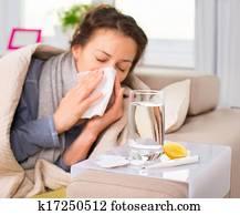 doente, Woman., Flu., mulher, pegado, Cold., espirrando, em, tecido