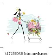 femme, à, floral, chariot, pour, ton, conception