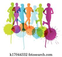 femmes, marathon, gagnant, finition, vecteur, fond, et, groupe, de, coureurs, pour, affiche