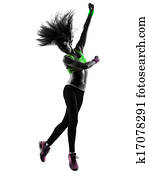 frau, trainieren, gesundheit, zumba, tanzen, springende, silhouette frau, trainieren, gesundheit, zumba, tanzen, springende, silhouette