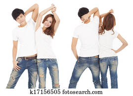 front and rear view happy couple with white t shirt