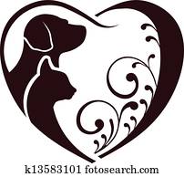 gato, cão, ame coração