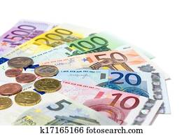 geldmünzen, und, banknoten, euro, weiß