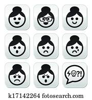 Grandma face, woman with bun hair 