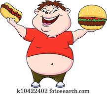 hombre gordo, con, hamburguesa, y, perro caliente