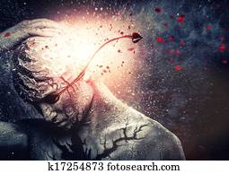 homem, com, conceitual, espiritual, arte corpo, e, sangrento, lágrimas