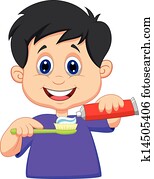 Kid cartoon squeezing tooth paste o Kid cartoon squeezing tooth paste o