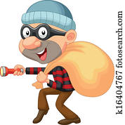 ladrão, caricatura, com, saco, de, dinheiro