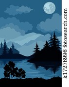 Landscape, trees, moon and mountains Landscape, trees, moon and mountains
