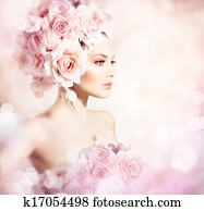 moda, beleza, modelo, menina, com, flores, Hair., noiva