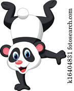 panda, tecknad film, stående, på, hans, hand