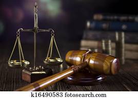 Scales of Justice, judge gavel, coins Scales of Justice, judge gavel, coins