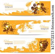 Set of honey banners with hand drawn sketch illustrations Set of honey banners with hand drawn sketch illustrations