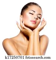 spa beleza, mulher, portrait., bonito, tocar, dela, rosto