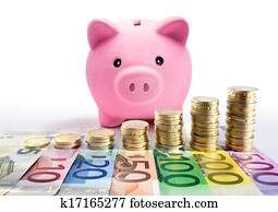 spaardose, mit, euro, muenze, stapel