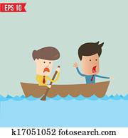 spotprent, zakenmens, het roeien van een boot, -, vector, illustratie, -, eps10