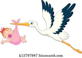 Stork with baby girl cartoon