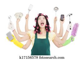 tired and busy woman with multitasking concept tired and busy woman with multitasking concept